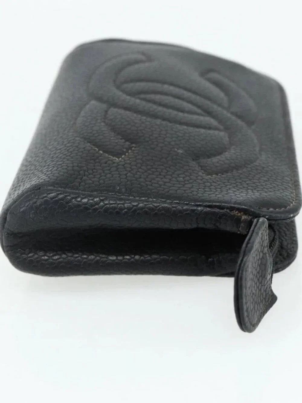 CHANEL Coin Purse Grained Calf Skin Black Gold CC Auth bs34754